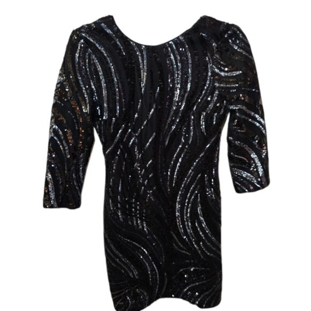 Express‎ Black Silver Sequin Swirl V-Back Bodycon Mini Dress 3/4 Sleeve